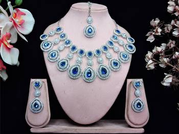 Blue rhodium premium designer american diamond and stone work necklace set 1