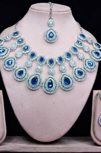 Blue rhodium premium designer american diamond and stone work necklace set