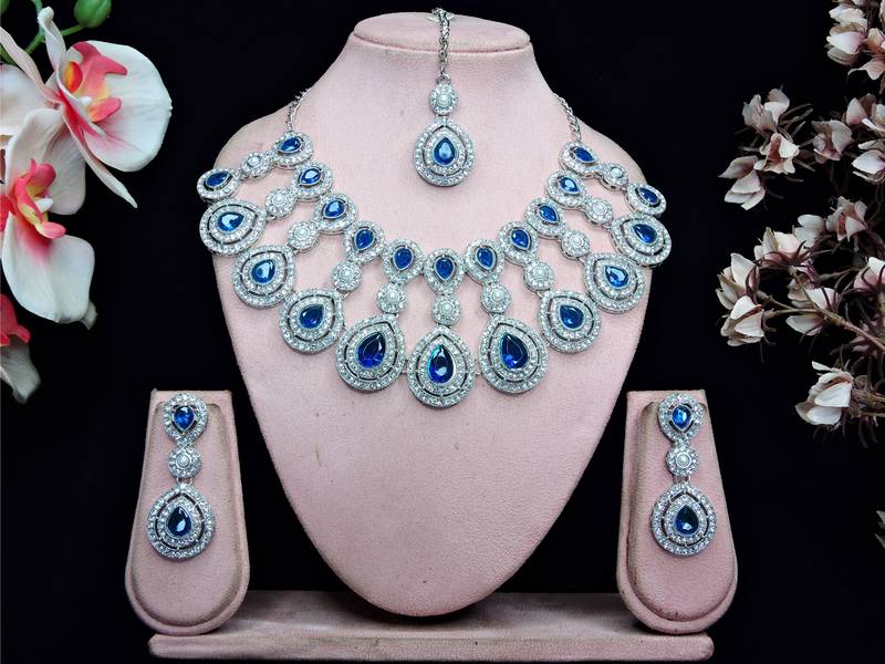 Blue rhodium premium designer american diamond and stone work necklace set