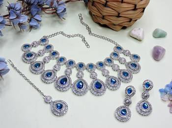 Blue rhodium premium designer american diamond and stone work necklace set 2
