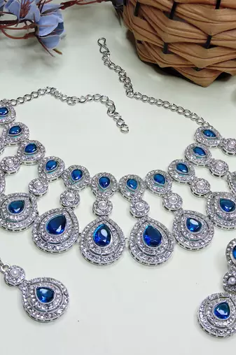 Blue rhodium premium designer american diamond and stone work necklace set