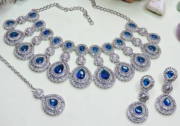 Blue rhodium premium designer american diamond and stone work necklace set 3