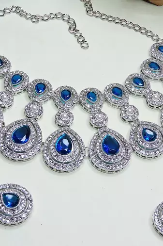 Blue rhodium premium designer american diamond and stone work necklace set