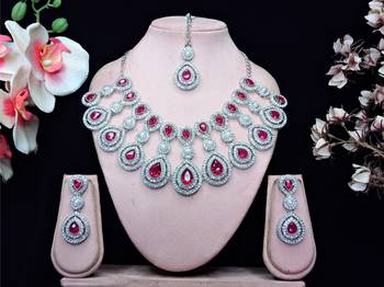 Pink rhodium premium designer american diamond and stone work necklace set 1