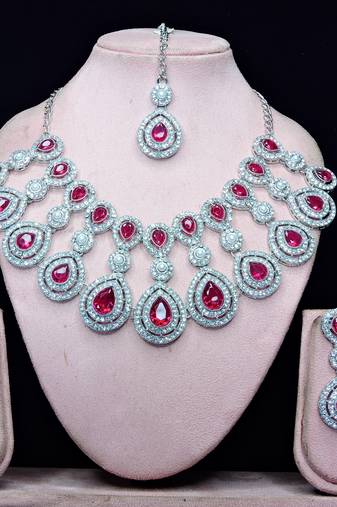 Pink rhodium premium designer american diamond and stone work necklace set