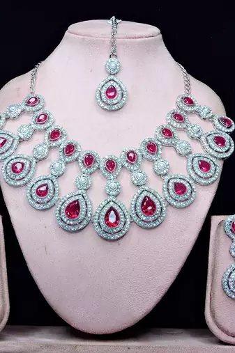 Pink rhodium premium designer american diamond and stone work necklace set