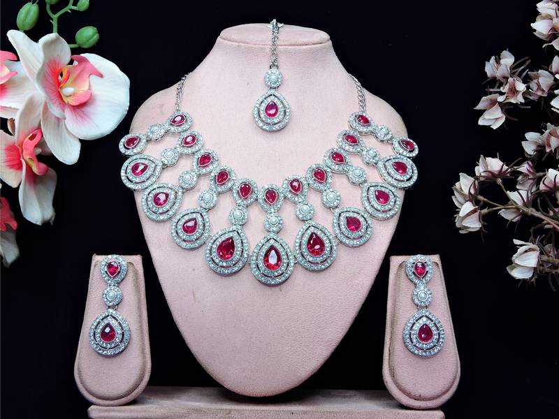 Pink rhodium premium designer american diamond and stone work necklace set