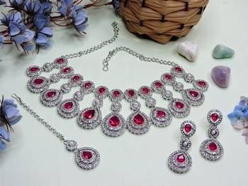 Pink rhodium premium designer american diamond and stone work necklace set 2