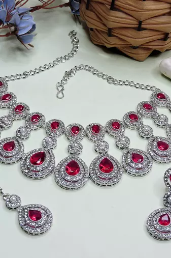 Pink rhodium premium designer american diamond and stone work necklace set
