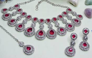 Pink rhodium premium designer american diamond and stone work necklace set 3