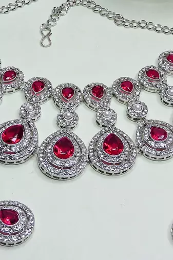 Pink rhodium premium designer american diamond and stone work necklace set