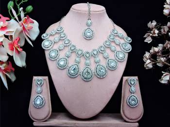 White rhodium premium designer american diamond and stone work necklace set 1