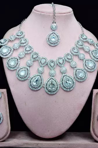 White rhodium premium designer american diamond and stone work necklace set