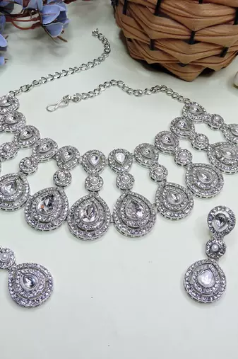 White rhodium premium designer american diamond and stone work necklace set