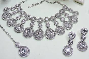 White rhodium premium designer american diamond and stone work necklace set 3
