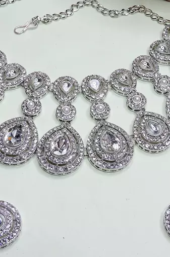 White rhodium premium designer american diamond and stone work necklace set