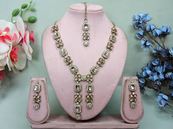 Gold yellow gold premium designer american diamond and stone work necklace set 1