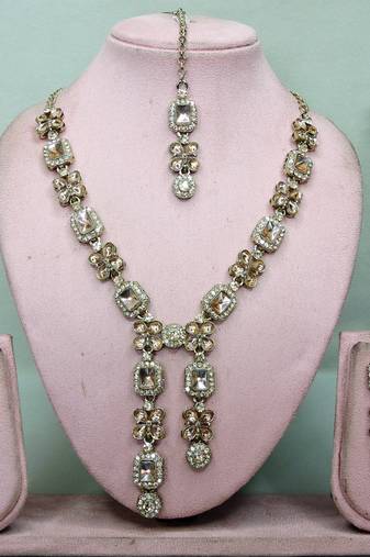 Gold yellow gold premium designer american diamond and stone work necklace set