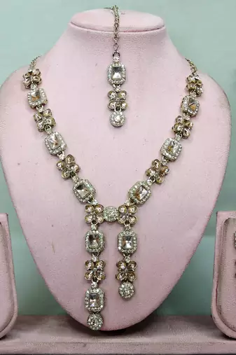 Gold yellow gold premium designer american diamond and stone work necklace set