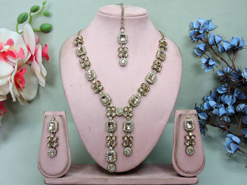 Gold yellow gold premium designer american diamond and stone work necklace set