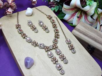 Gold yellow gold premium designer american diamond and stone work necklace set 2