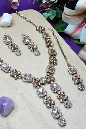 Gold yellow gold premium designer american diamond and stone work necklace set