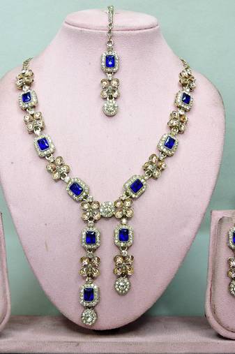 Blue yellow gold premium designer american diamond and stone work necklace set