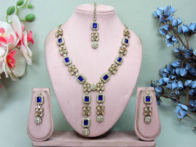 Blue yellow gold premium designer american diamond and stone work necklace set