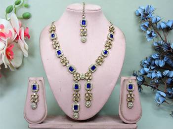 Blue yellow gold premium designer american diamond and stone work necklace set 2