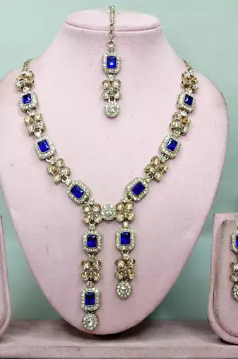 Blue yellow gold premium designer american diamond and stone work necklace set