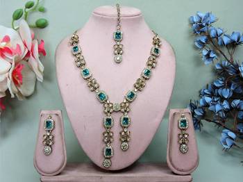 Green yellow gold premium designer american diamond and stone work necklace set 1