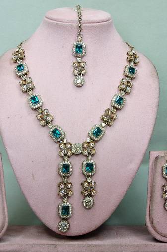 Green yellow gold premium designer american diamond and stone work necklace set