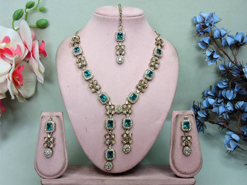 Green yellow gold premium designer american diamond and stone work necklace set