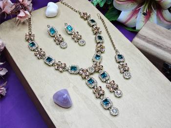 Green yellow gold premium designer american diamond and stone work necklace set 2