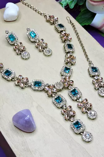 Green yellow gold premium designer american diamond and stone work necklace set