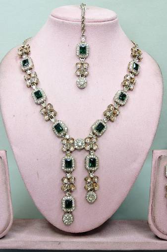 Green yellow gold premium designer american diamond and stone work necklace set