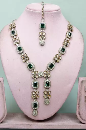 Green yellow gold premium designer american diamond and stone work necklace set