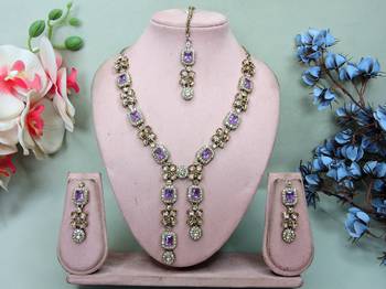 Purple yellow gold premium designer american diamond and stone work necklace set 1
