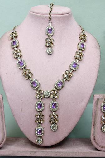 Purple yellow gold premium designer american diamond and stone work necklace set