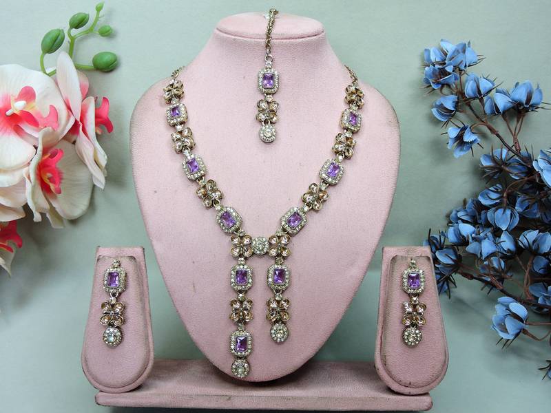 Purple yellow gold premium designer american diamond and stone work necklace set