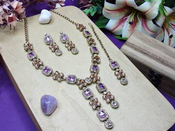 Purple yellow gold premium designer american diamond and stone work necklace set 2