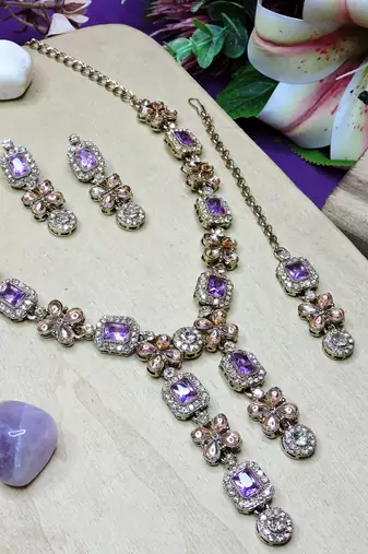 Purple yellow gold premium designer american diamond and stone work necklace set