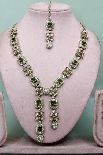 Green yellow gold premium designer american diamond and stone work necklace set