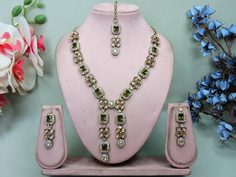 Green yellow gold premium designer american diamond and stone work necklace set