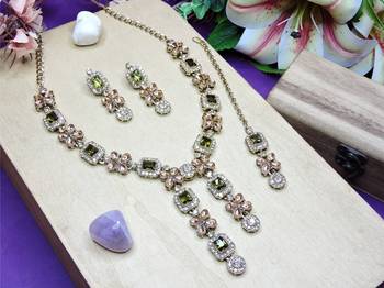 Green yellow gold premium designer american diamond and stone work necklace set 2