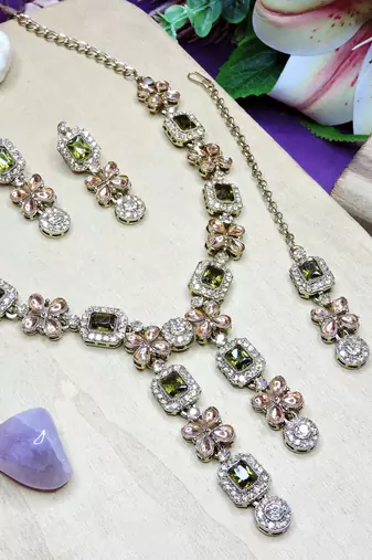 Green yellow gold premium designer american diamond and stone work necklace set