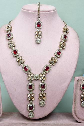 Maroon yellow gold premium designer american diamond and stone work necklace set