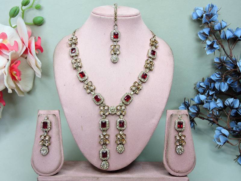 Maroon yellow gold premium designer american diamond and stone work necklace set
