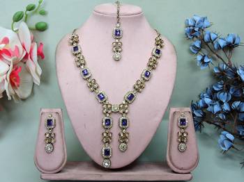 Blue yellow gold premium designer american diamond and stone work necklace set 1