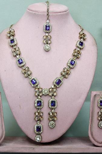 Blue yellow gold premium designer american diamond and stone work necklace set